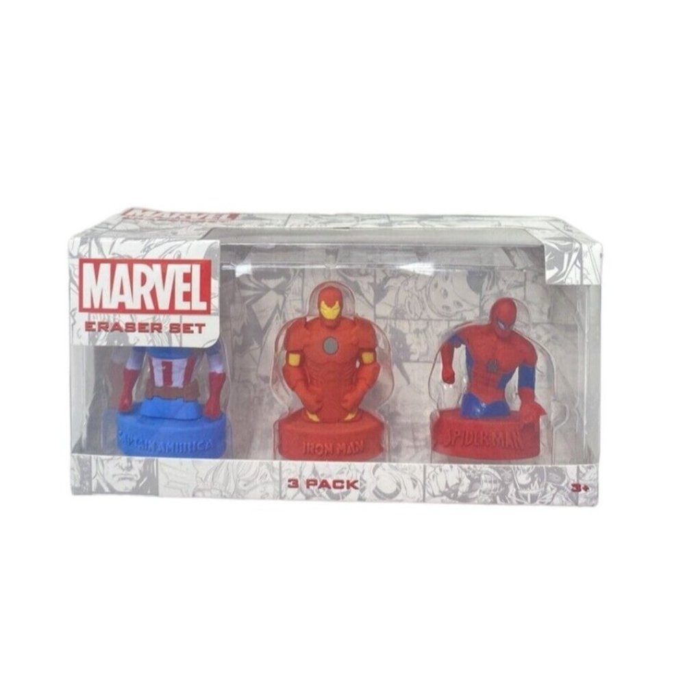 marvel erasers 3pc set, Iron man Spider man and Captian America.New In Box.